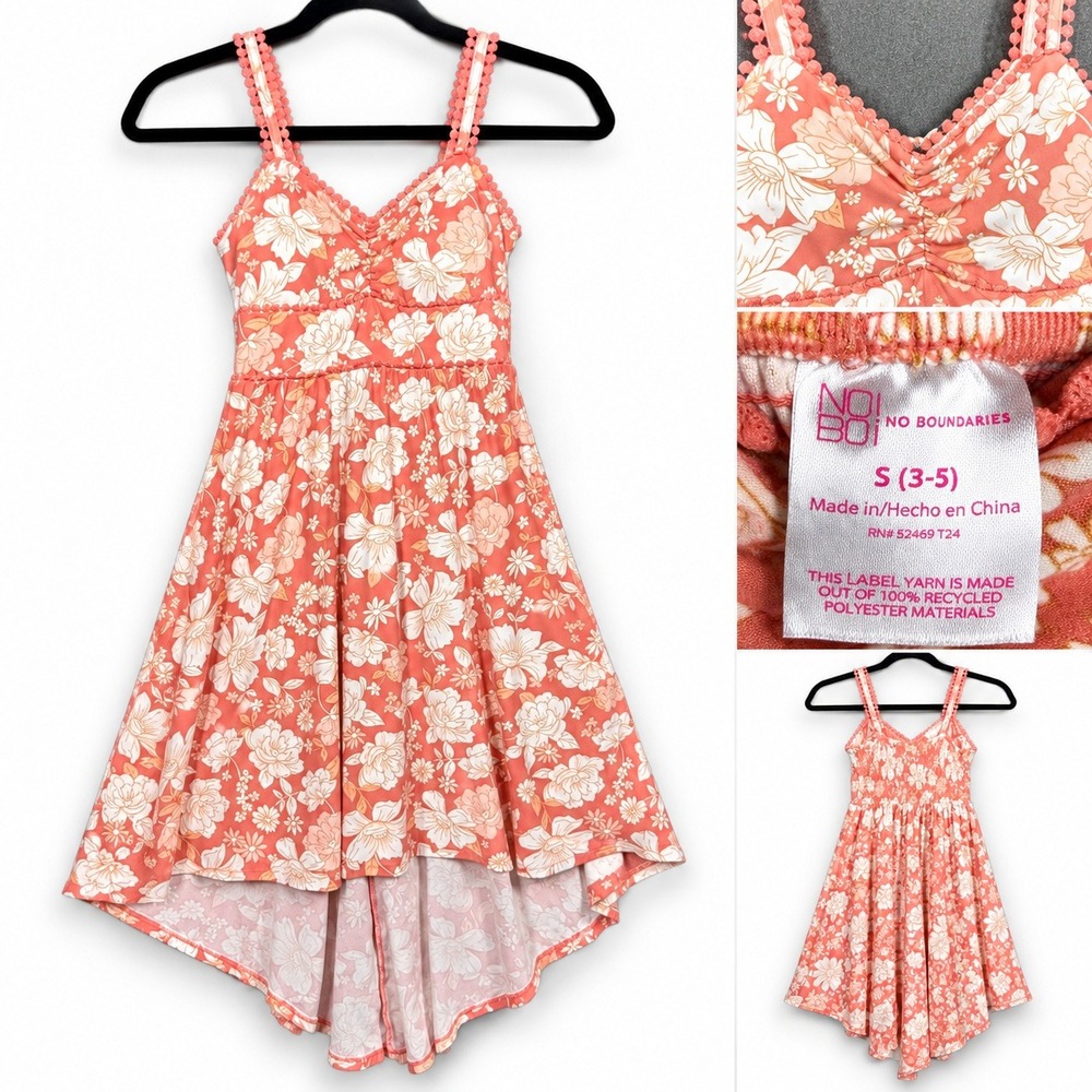 No Boundaries Peach Floral High Low Dress Pom Pom Trim Smocked Back Small 3-5